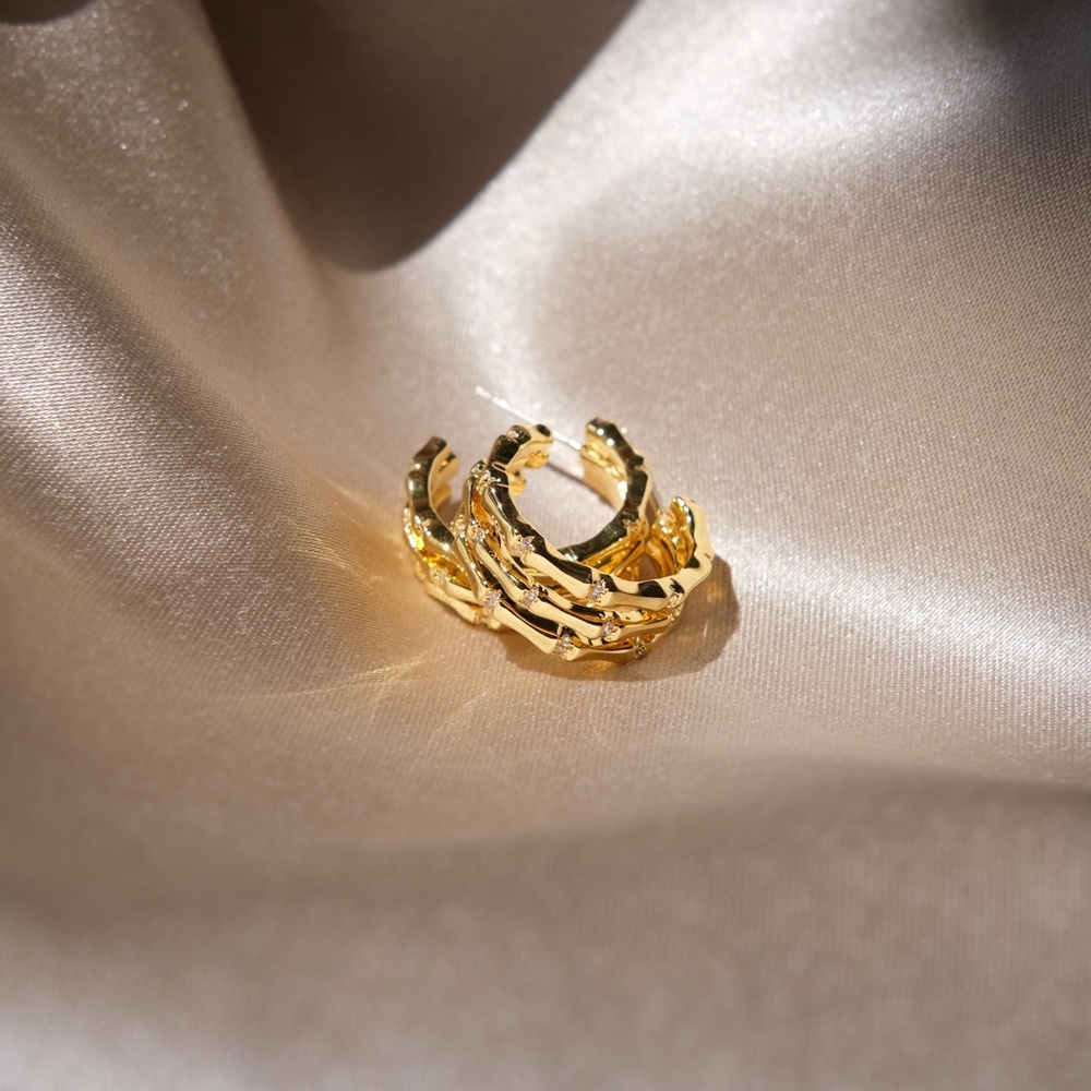 CLOSING SALE! 💕18K Gold Plated Sparky Bamboo Shape Hoop Earrings - Picture 8 of 13